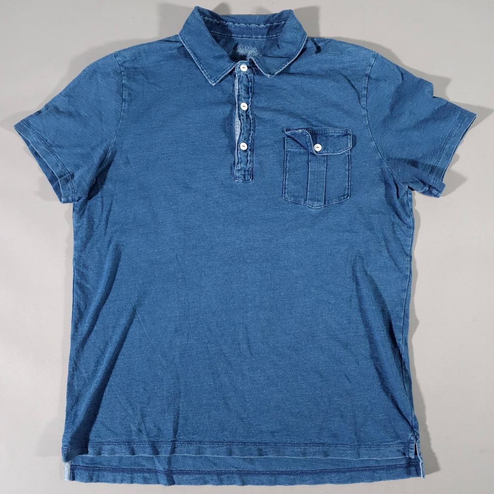 Wallace & Barnes Polo Shirt Mens Large Blue Indigo Dyed Pocket Short Sleeve